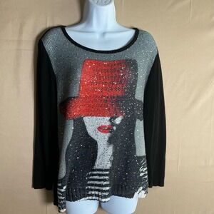 Tricotto Womens Large‎ Black Red Hat Sequin Graphic Long Sleeve Knit Top Turkey